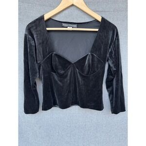 Y2K Vtg Womens Velvet Top Long Sleeve‎ Black Large Crop Michael Alexander